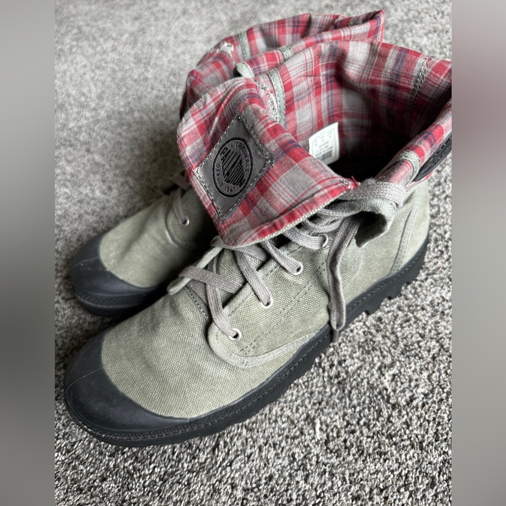 PALLADIUM Boots Men Size 13 Olive Green Canvas High Top Boots 02353090 Plaid